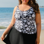 Black Plus Size Printed Square Neck Drawstring Ruffled Tankini Set