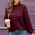 Red Dahlia Solid Color Textured Knit High Neck Drop Shoulder Sweater