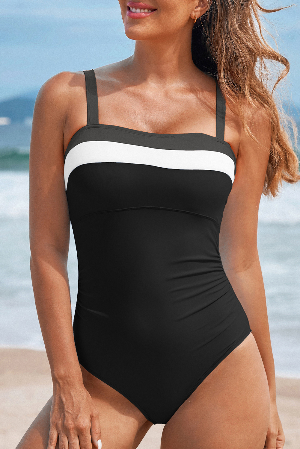 Black Color Block Detail Adjustable Straps One Piece Swimsuit - Image 4
