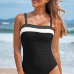 Black Color Block Detail Adjustable Straps One Piece Swimsuit