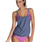 Gray Pink Printed Stripe Tankini