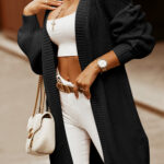 Black Open Front Cable Sleeve Long Cardigan