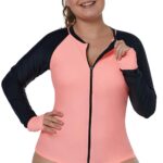 Peach Color Block Zipper Long Sleeve Swim Top and Leggings