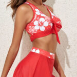 Fiery Red 3pcs Printed Crossed Top and A-line Skirt Bikini Set
