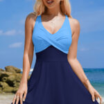 Navy Blue Crisscross Straps Tie Back Flared One Piece Swimsuit