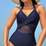 Navy Blue Halter Mesh Insert Cross Front One-Piece Swimsuit Halter Mesh Insert Cross Front One-Piece