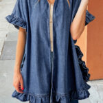 Dusk Blue Chambray Ruffle Hem Half Sleeve Open Loose Kimono