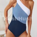 Sky Blue Color Block One Shoulder Backless One-piece Swimwear.