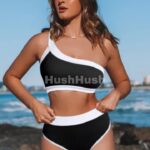 Black One Shoulder Patchwork High-waisted Bikini Set