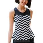 Black White Zigzag Print Mesh Splice 2pcs Tankini Swimsuit