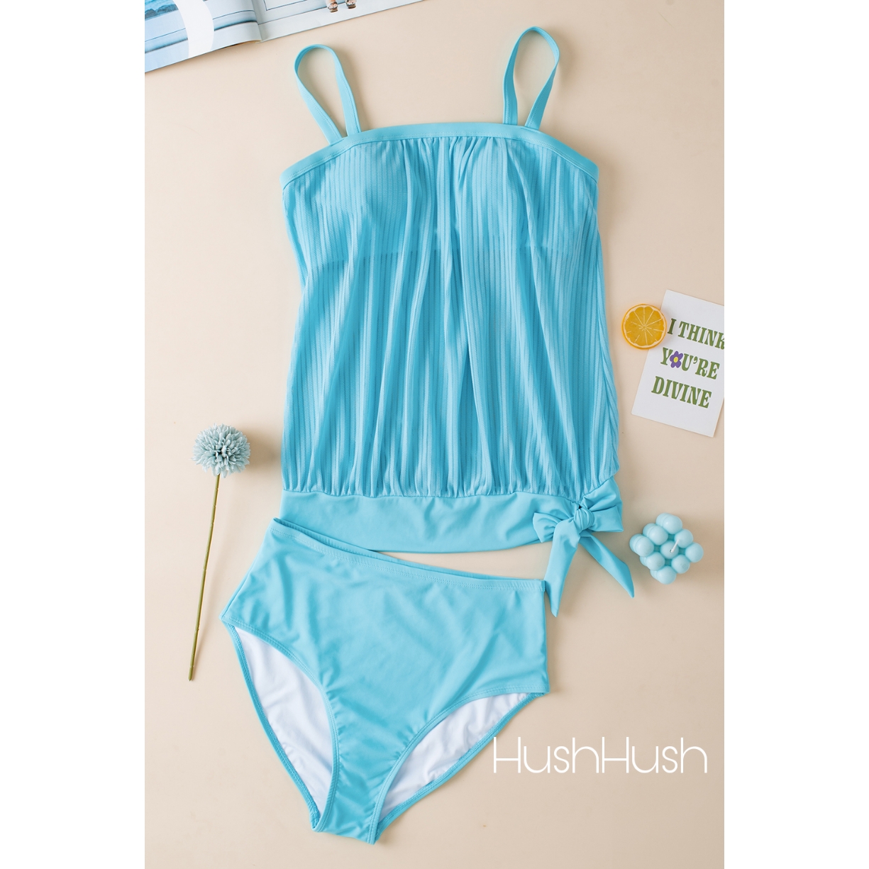 Turquoise Striped Mesh Knotted Hem Tankini Swimsuit - Image 2