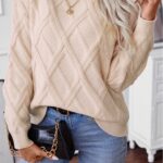 Apricot Diamond Pattern Textured Crew Neck Sweater
