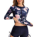Flower detail Color Block Zipper Long Sleeve Swimsuit
