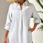 White Stripe Collared V Neck Chest Pocket Long Sleeve Beach Cover up