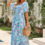 Blue Wrap V Neck Floral Maxi Dress